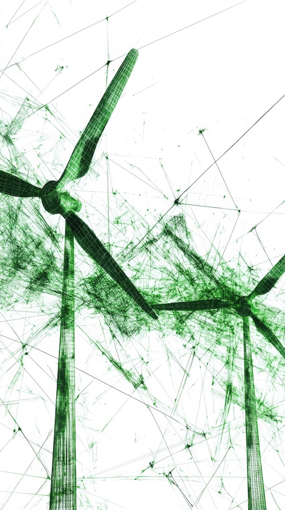 Red de energía verde abstracta sobre un fondo blanco, que incorpora elementos como turbinas eólicas y paneles solares en un estilo geométrico y moderno.